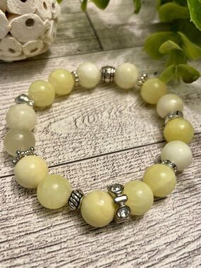 Yellow Quartz with Silver and CZ accents 10 mm stretch handmade butter yellow